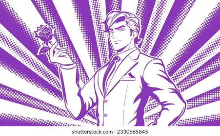 Romantic man in a business suit gives a rose in the style of manga and anime. The young man beams with confidence. Vector monochrome illustration of a guy separated from halftone background.