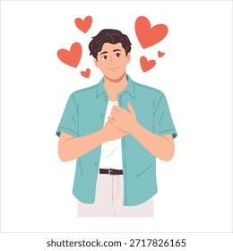 Hombre romántico que experimenta sentimientos de amor emocionales profundos Ilustración vectorial aislada sobre fondo blanco