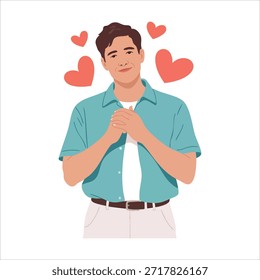 Hombre romántico que experimenta sentimientos de amor emocionales profundos Ilustración vectorial aislada sobre fondo blanco