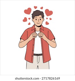 Romantic man experiencing deep emotional love feelings isolated vector illustration on white background