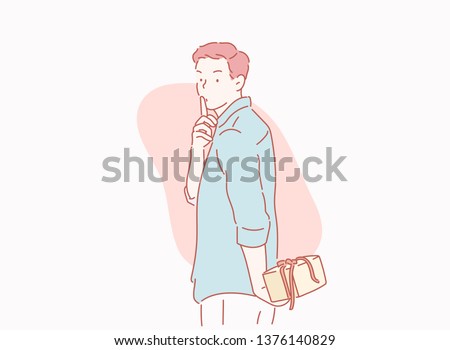 Romantic man holding birthday present and asking to keep secret with finger on lips. Hand drawn style vector design illustrations.