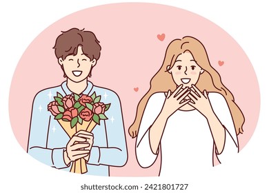 Romantic man holding flowers and happy woman delighted with gift bouquet from boyfriend. Girl in love feels happiness after receiving congratulations on birthday or Valentine Day. Flat vector design