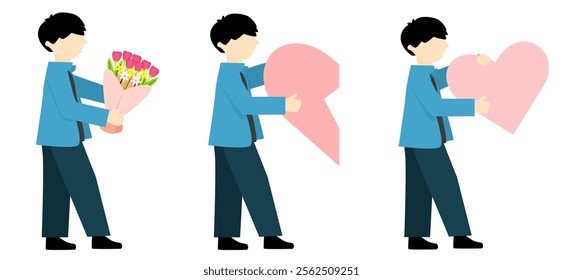 romantic man illustration set. man holding flower bouquet, broken heart and big heart. man give present. romantic guy holding present