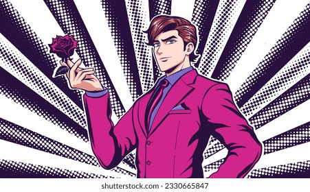 A romantic man in a pink business suit gives a rose in the style of manga and anime. The young man beams with confidence. Vector illustration on halfton background.