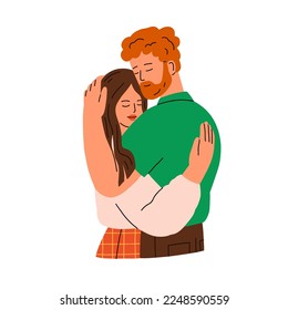 Romantic man and woman hugging. Happy young couple in love relationship. Two people valentines embracing. Affection, tenderness concept. Flat graphic vector illustration isolated on white background