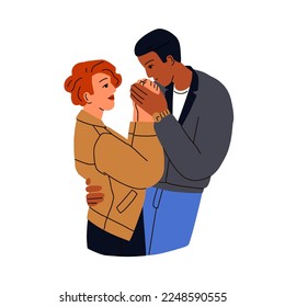 Romantic man and woman in love. Enamored biracial happy couple of valentines. Affectionate tender boyfriend kissing hands of girlfriend. Flat graphic vector illustration isolated on white background