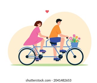 Romantic Man And Woman On Tandem Bycicle. Smiling Happy Couple In Love Ride Double Bike. Character Flat Vector Illustration.