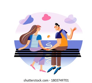 Romantic man and woman talks sitting on pier. Cute loving couple spending time together, have date. Vector character illustration of love, human relationship, honeymoon, boyfriend with girlfriend