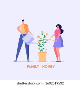 Romantic Man And Woman Water And Care For Money Tree. Happy Family Or Couple With Skissors Works In Garden. Concept Of Family Money, Money Growing, Family Bussines. Vector Illustration In Flat Design