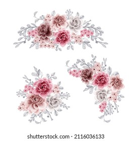 Romantic Maroon and Brown Rose Flower Wreath Isolated Clipart