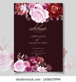 Romantic maroon wedding invitation card template set with rose, cosmos flowers, and leaves