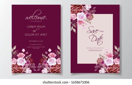 Romantic maroon wedding invitation card template set with rose, cosmos flowers, and leaves