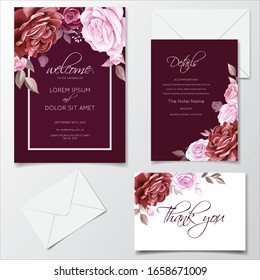 Romantic maroon wedding invitation card template set with rose, cosmos flowers, and leaves