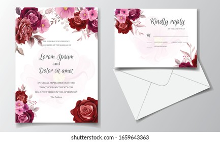 Romantic maroon wedding invitation card template set with rose  cosmos flowers  and leaves