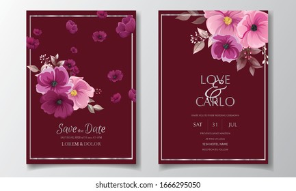 Romantic maroon wedding invitation card template set with rose cosmos flowers and leaves