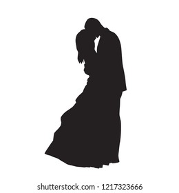 Romantic marriage first kiss, couple in love, isolated vector silhouette