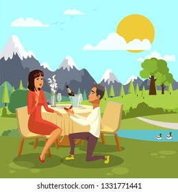 Romantic Marriage Proposal Cartoon Illustration. Man standing on one Knee, Proposing to Woman. Engagement, Relationships Vector Poster Concept. Couple on Sunset, Mountains Background Flat Drawing
