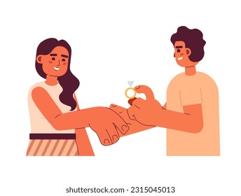 Romantic marriage proposal flat concept vector spot illustration. Arab man asks permission to marry indian woman 2D cartoon characters on white for web UI design. Isolated editable creative hero image