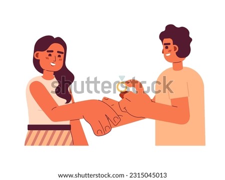 Romantic marriage proposal flat concept vector spot illustration. Arab man asks permission to marry indian woman 2D cartoon characters on white for web UI design. Isolated editable creative hero image
