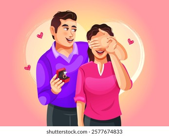 Romantic marriage proposal on the occasion of propose day. Happy Propose Day Post and Greeting Card. 8 February - Propose Day of Valentine's Week Vector Illustration