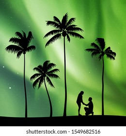 Romantic marriage proposal on palm beach at night. Vector illustration with silhouettes of loving couple and tropical trees. Family creation. Northern lights in starry sky. Colorful aurora borealis