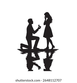 Silhueta Romântica Proposta Casamento com Reflexão - Homem Ajoelhado à Mulher com Anel de Engajamento - Ilustração Vetor Amor e Compromisso