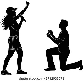 Romantic marriage proposal silhouette vector illustration with man kneeling offering ring, woman singing with microphone, love, engagement, relationship, couple moment design