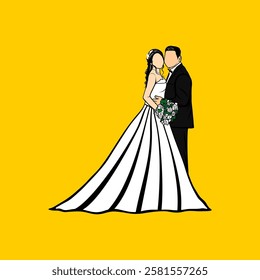 romantic married couple matching man in black suit woman in white faceless dress carrying flowers vector illustration