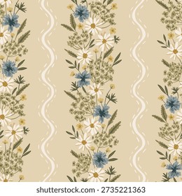 Romantic meadow wildflower vector seamless pattern with bachelor buttons, chamomile, Queen Anne's lace, wavy ribbon, stitch stripes. Hand-drawn bouquets. Vintage cottagecore design for farmhouse