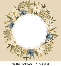 Romantic meadow wildflowers vector round frame with rustic charm. Hand drawn chamomile, bachelor buttons, foliage, Queen Anne's lace flowers for cottagecore floral design, farmstead invitations