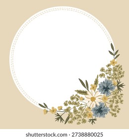 Romantic meadow wildflowers vector round frame with rustic charm. Hand drawn chamomile, bachelor buttons, foliage, Queen Anne's lace flowers for cottagecore floral design, farmstead invitations