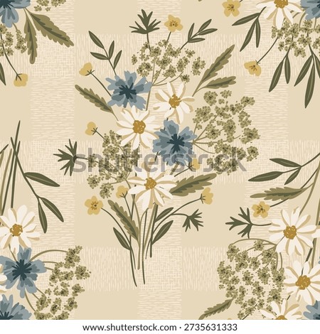 Romantic meadow wildflowers vector seamless pattern with rustic charm. Hand drawn chamomile, bachelor buttons, foliage, Queen Anne's lace flowers for cottagecore floral design, farmstead textiles