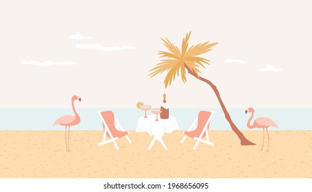 Romantic meal on the beach, flamingo, palm tree and table with champagne bottle, cocktail glasses. Honeymoon, luxury rest, solitude vacation concept. Seaside restaurant, paradise resort.