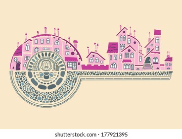 Romantic medieval buildings like a key to the development city life. Vector hand drawing metaphor for childish fairytale.