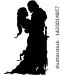 Romantic medieval embracing couple silhouette. Woman and a knight with a sword
