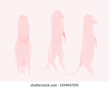 Romantic Meerkat. Set of Pink Meerkats on Feminine Background. Low Poly Valentines Vector 3D Rendering