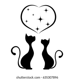 Romantic meeting of cats monochrome illustration.