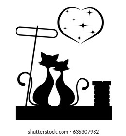 Romantic meeting of cats monochrome illustration.