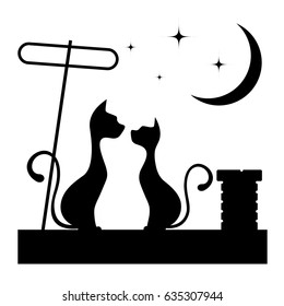 Romantic meeting of cats monochrome illustration.