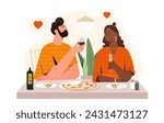 Romantic meeting with pizza. Man and woman sitting with glasses of wine and traditional italian food. Takeaway eating. Cafe or restaurant. Love and romance. Cartoon flat vector illustration