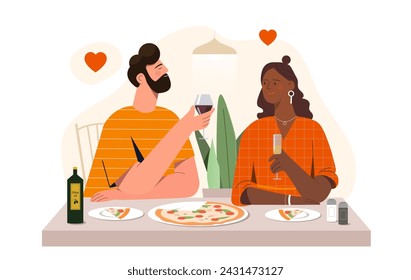 Reunión romántica con pizza. Hombre y mujer sentados con copas de vino y comida tradicional italiana. Para llevar. Café o restaurante. Amor y romance. Ilustración de vector plano de dibujos animados