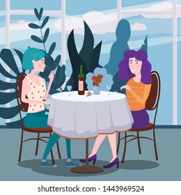 Romantic meeting of two girlfriends in a cafe. Sit drinking vine in chairs, have fun and relaxation from the meeting and conversation. Friendship and communication, interior flora background concept
