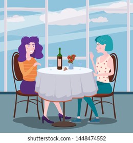 Romantic meeting of two girlfriends in a cafe. Sit drinking vine in chairs, have fun and relaxation from the meeting and conversation. Friendship and communication, interior cafe background concept