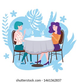 Romantic meeting of two girlfriends in a cafe. Sit drinking coffee in chairs, have fun and relaxation from the meeting and conversation. Friendship and communication, flora background concept. Vector