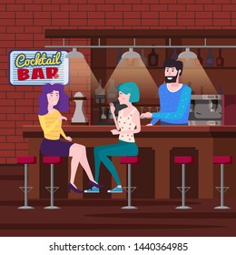 Romantic meeting of two girlfriends in a cocktail bar. Sit in chairs, enjoy and relax from the meeting and conversation. Bar interior, bearded bartender drinks. Friendship and communication. Vector