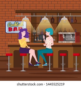 Romantic meeting of two girlfriends in a cocktail bar. Sit in chairs, enjoy and relax from the meeting and conversation. Bar interior, drinks. Friendship and communication. Vector illustration