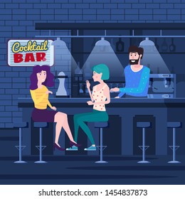 Romantic meeting of two girlfriends in a cocktail bar. Sit in chairs, enjoy and relax from the meeting and conversation. Bar interior, bearded bartender drinks. Friendship and communication. Vector