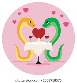 A romantic meeting of two snakes at a festive table. Heart-shaped snakes, candles, wine glasses and a pink background with hearts create an atmosphere of love and romance. Perfect for Valentine's Day!