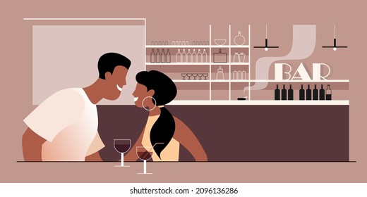 Romantic meeting of a young couple at a table in a wine bar. Vector illustration for landing page mockup or flat design advertising banner.