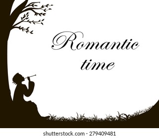 Romantic melody, boy sitting and playing trumpet on the lawn under the tree, young dreamer, Romantic time inscription.